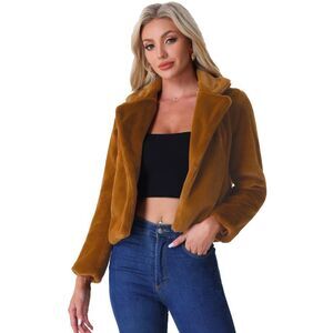 Cropped Jacket Notch Lapel Faux Fur Fluffy Coat Brown